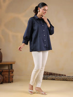 Navy Blue Shirt Collar Oversized Solid Women Shirt - SanskrutiHomes