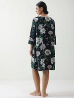 Black Floral Printed Cotton V-Neck Night Dress - SanskrutiHomes