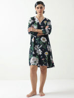 Black Floral Printed Cotton V-Neck Night Dress - SanskrutiHomes