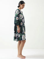 Black Floral Printed Cotton V-Neck Night Dress - SanskrutiHomes