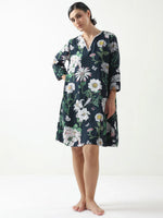 Black Floral Printed Cotton V-Neck Night Dress - SanskrutiHomes
