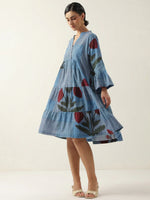 Blue Floral Printed V-Neck Cotton Dress - SanskrutiHomes