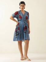 Blue V-Neck Floral Printed Dress for Women - SanskrutiHomes