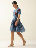 Blue V-Neck Floral Printed Dress for Women - SanskrutiHomes