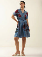 Blue V-Neck Floral Printed Dress for Women - SanskrutiHomes