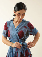 Blue V-Neck Floral Printed Dress for Women - SanskrutiHomes
