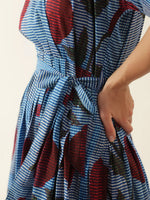 Blue V-Neck Floral Printed Dress for Women - SanskrutiHomes