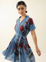 Blue V-Neck Floral Printed Dress for Women - SanskrutiHomes
