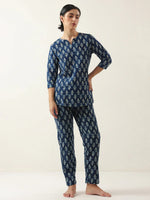 Blue Color Round Neck Floral Printed Night Suit - SanskrutiHomes