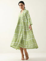 Green Geometric Print Viscose Rayon Dress for Women - SanskrutiHomes