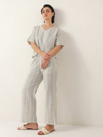 Grey Color V-Neck Cotton Night Suit - SanskrutiHomes