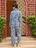 Blue Shirt Collar Pure Cotton Shirt Printed Co-ords Set for Women - SanskrutiHomes