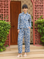 Blue Shirt Collar Pure Cotton Shirt Printed Co-ords Set for Women - SanskrutiHomes