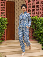 Blue Shirt Collar Pure Cotton Shirt Printed Co-ords Set for Women - SanskrutiHomes