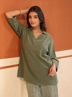 Blue Shirt Collar Pure Cotton Shirt Printed Co-ords Set for Women - SanskrutiHomes