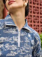 Blue Shirt Collar Pure Cotton Shirt Printed Co-ords Set for Women - SanskrutiHomes