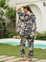 Navy Blue Round Neck Silk Blend Top Printed Co-ords Set for Women - SanskrutiHomes