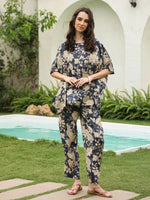 Navy Blue Round Neck Silk Blend Top Printed Co-ords Set for Women - SanskrutiHomes