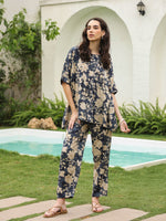 Navy Blue Round Neck Silk Blend Top Printed Co-ords Set for Women - SanskrutiHomes