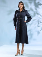 Navy Blue Belted Denim Midi Dress for Women - SanskrutiHomes