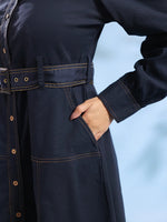Navy Blue Belted Denim Midi Dress for Women - SanskrutiHomes