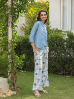 Blue Mandarin Collar Pure Cotton Shirt Dyed Co-ords Set for Women - SanskrutiHomes