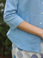 Blue Mandarin Collar Pure Cotton Shirt Dyed Co-ords Set for Women - SanskrutiHomes