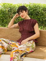 Brown Round Neck Pure Cotton Top Solid Co-ords Set for Women - SanskrutiHomes