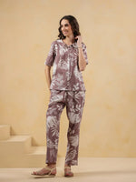 Lavender Shirt Collar Pure Cotton Printed Night Suit for Women - SanskrutiHomes