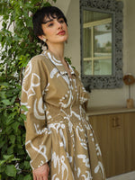 Olive Cotton Printed Shirt Collar Dress for Women - SanskrutiHomes