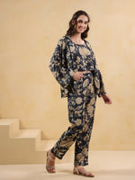 Navy Blue Shirt Collar Silk Blend Printed Co-ords Set for Women - SanskrutiHomes
