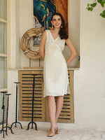 White Linen Blend V-Neck Sleeveless Dress for Women - SanskrutiHomes