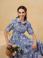 Blue Floral Printed Shirt Coller Dress - SanskrutiHomes