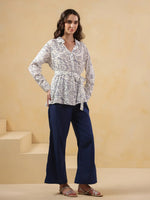 White Shirt Collar Viscose Rayon Shirt Printed Co-ords Set for Women - SanskrutiHomes