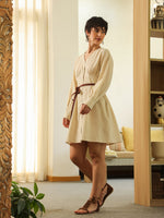 Beige Cotton Solid V-Neck Dress for Women - SanskrutiHomes