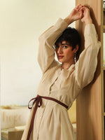 Beige Cotton Solid V-Neck Dress for Women - SanskrutiHomes