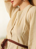 Beige Cotton Solid V-Neck Dress for Women - SanskrutiHomes