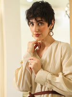 Beige Cotton Solid V-Neck Dress for Women - SanskrutiHomes