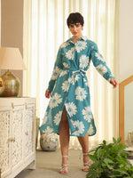 Blue Cotton Printed Shirt Collar Dress for Women - SanskrutiHomes