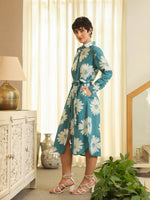 Blue Cotton Printed Shirt Collar Dress for Women - SanskrutiHomes