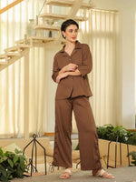 Brown Shirt Collar Viscose Rayon Solid Shirt Co-ords Set for Women - SanskrutiHomes