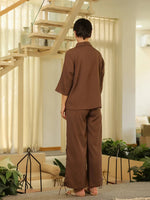 Brown Shirt Collar Viscose Rayon Solid Shirt Co-ords Set for Women - SanskrutiHomes