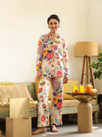 Off White Shirt Collar Pure Cotton Shirt Printed Co-ords Set for Women - SanskrutiHomes