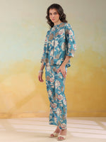 Blue Color Mandarin Collar Printed co-ords set for women - SanskrutiHomes