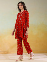Red V-Neck Pure Cotton Printed Co-ords Set for Women - SanskrutiHomes