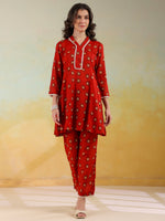 Red V-Neck Pure Cotton Printed Co-ords Set for Women - SanskrutiHomes