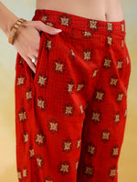 Red V-Neck Pure Cotton Printed Co-ords Set for Women - SanskrutiHomes