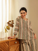 Cream Shirt Collar Cotton Blend Shirt Self Design Co-ords Set for Women - SanskrutiHomes