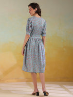 Blue Color Floral Printed Cotton dress for women - SanskrutiHomes