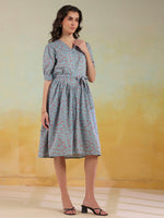 Blue Color Floral Printed Cotton dress for women - SanskrutiHomes